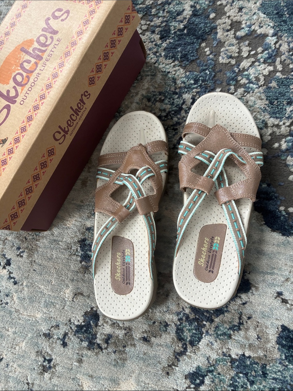 Skechers Women's Tan Sandals with Aqua Striped Accents
